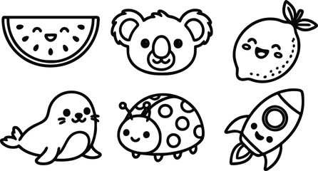Fototapeta premium Cute kawaii character set featuring a watermelon koala lemon seal ladybug and rocket ship rendered in a clean vector illustration style