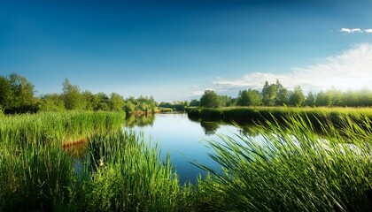 Obraz premium green reeds and tall grass standing beside a calm tranquil river