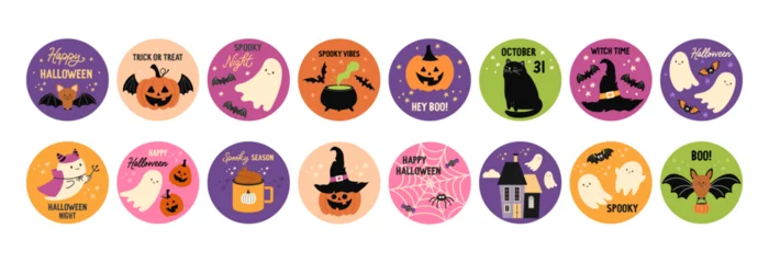 Halloween stickers set. Cute circle decorations for October holiday. Happy Helloween label designs with pumpkin, bat, witches hat, cauldron, ghost, cat. Fall vector illustration isolated. © Jen