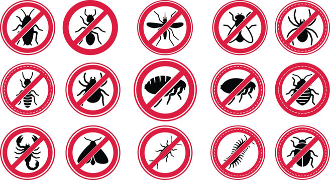 Pest Control Silhouette Icon Set with Prohibited Red Warning Signs for Exterminator Services Repellent Sprays and Insect Prevention