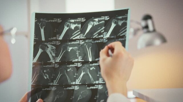 Analyzing MRI X-ray scans, doctor in bright medical office studies fracture details, cross-referencing each image under fluorescent lighting to ensure accurate diagnosis and plan effective treatment