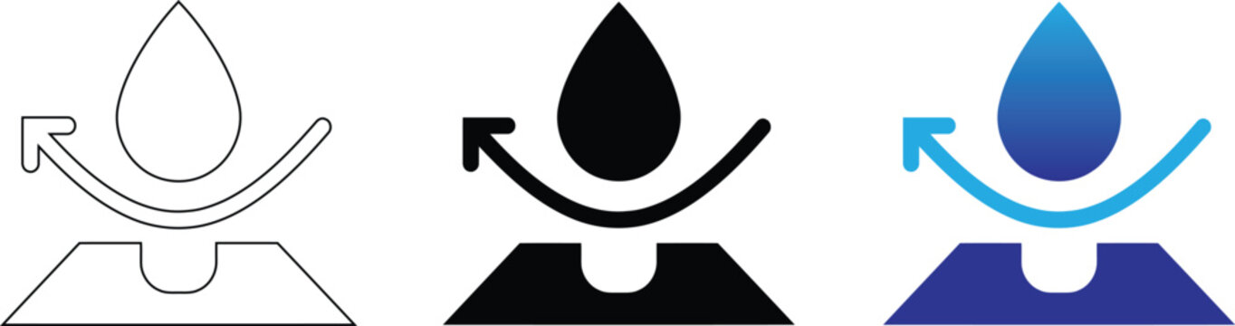 A set of three modern waterproof icon variations featuring a stylized droplet with a protective barrier arrow sign representing water resistance technology features, isolated on Transparent background