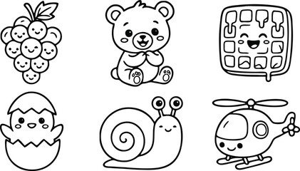 Fototapeta premium Cute kawaii character set featuring grapes bear waffle chick snail and helicopter presented as simple black and white vector line art