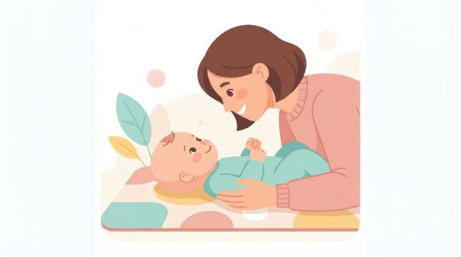 Baby interacts happily with caregiver, displaying a social smile on a colorful playmat at home during an early development milestone.