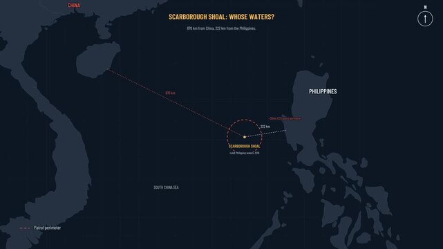 Animated map of a contested reef lagoon shows militia and coast guard patrol range rings around a floating entrance barrier, editorial style