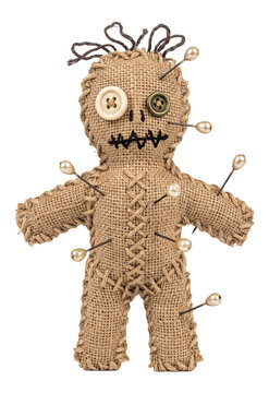 burlap voodoo doll with pins isolated on white