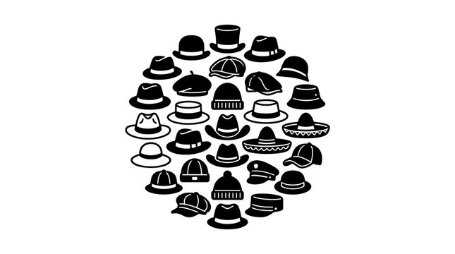 Collection of Various Hats Arranged in a Circle.