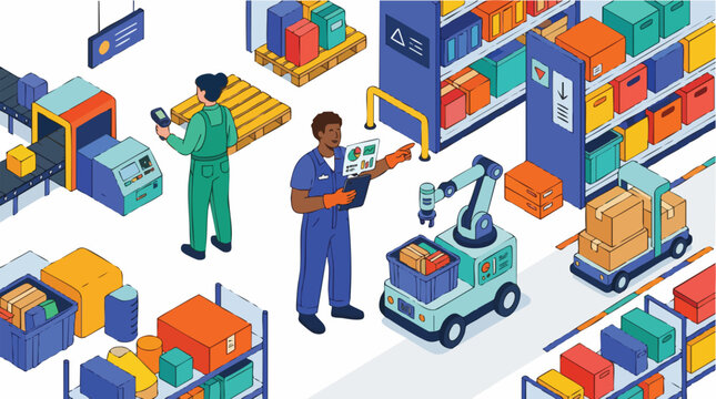 Modern industrial automated warehouse with robotic arms and workers collaborating, concept for supply chain optimization, logistics management, and smart factory implementation