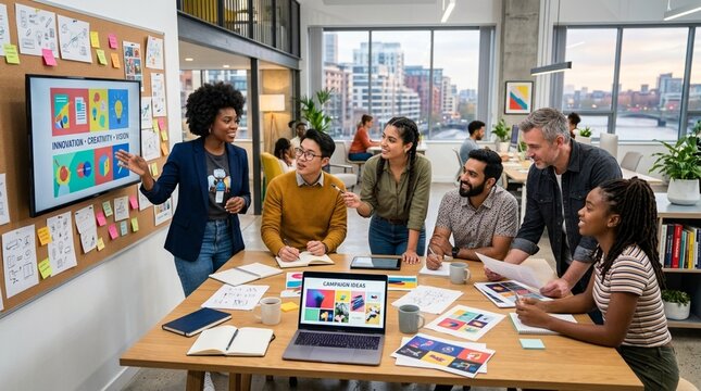 Diverse team in modern office brainstorming ideas on a presentation board.