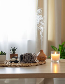 Objetos de bienestar sobre una mesa de madera clara difusor de aromas con vapor, vela encendida, plantas peque&ntilde;as, toalla doblada y piedras de masaje
