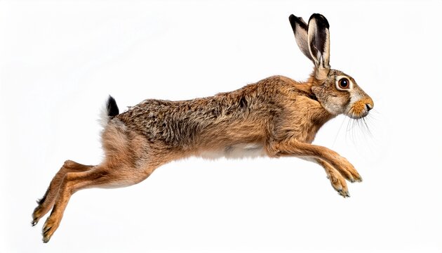 profile of a european hare jumping in mid air isolated on white background