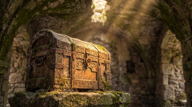 Antique treasure chest in ruins