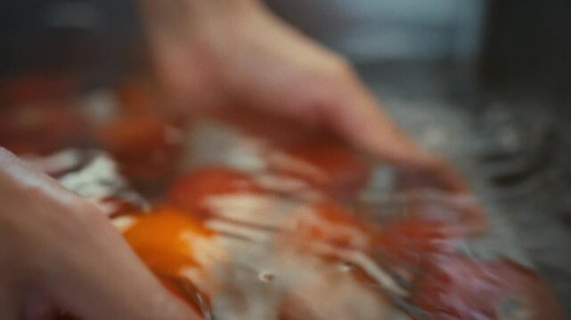 Close-up of running water over fresh organic tomatoes washed by a woman's hands in a metal sink. Idea of preparing vegetables for home pickling and winter preservation