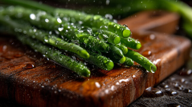 Fresh green beans on a wooden cutting board with water droplets water drops raw produce