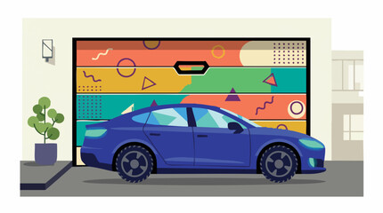 Naklejka premium Sleek modern blue sedan parked in front of colorful garage door with artistic patterns, concept for automotive marketing, vehicle branding, and home decor inspiration