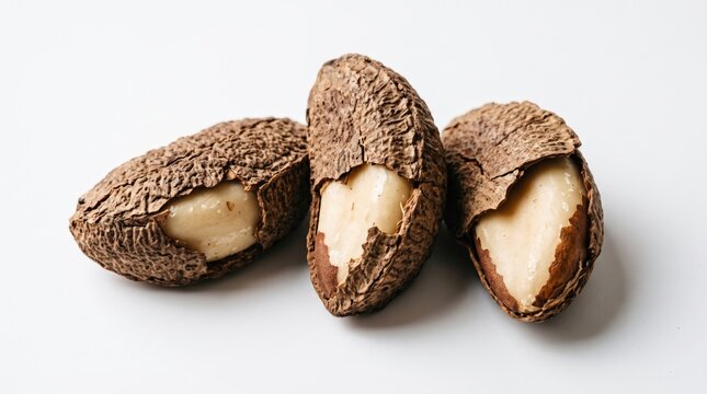 Three raw brazil nuts with cracked woody shells showing the edible white kernels inside, isolated on white background