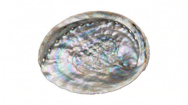Iridescent abalone shell interior with subtle turquoise and lavender mother-of-pearl tones, ideal for marine, luxury, jewelry, beauty, and natural texture design. Isolated on White background.