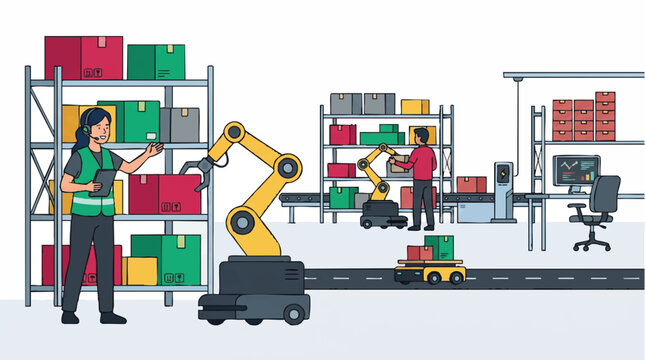Modern automated warehouse system with robotic arm sorting colorful boxes on conveyor belt, concept for logistics optimization, supply chain management, and smart factory implementation