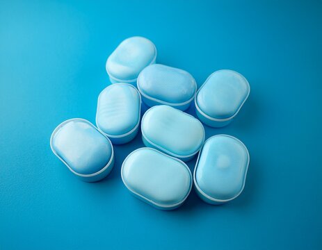 toilet blue tabs tablets on blue background with copy space for text sanitary hygiene toilet bowl tablets clean home