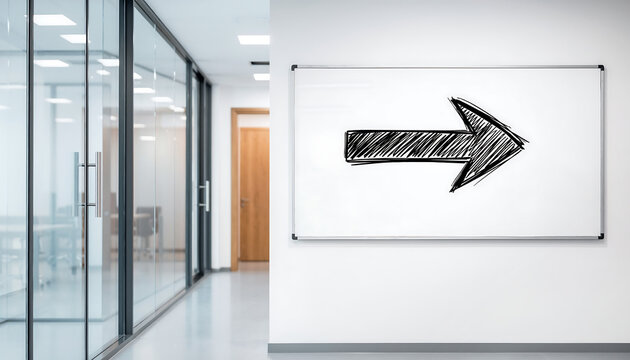 Whiteboard with hand drawn black sketch arrow pointing right hanging in modern office hallway corridor.