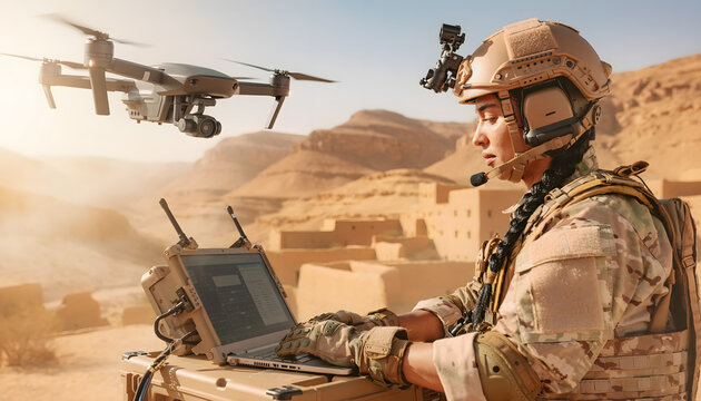 Military soldier in tactical uniform operating surveillance drone flight controller with laptop in desert warfare mission.