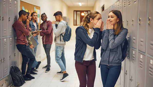 Teenage high school students talking and whispering secrets by lockers along school hallway corridor.