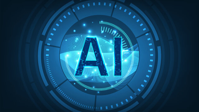 Artificial internet text AI letters in line circuit network blue background