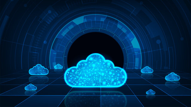 Cloud strorage internet cyber technology concept. Cloud connection with circuit on blue background