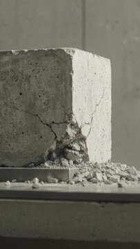 Vertical video: Cracking concrete block corner spalling into shallow tray on platform, dust rising