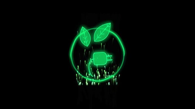 Green energy neon animation with glowing leaves and power plug for sustainable technology and eco-friendly concepts