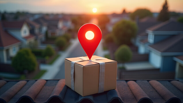 A glowing red map pin hovers over a cardboard package on a rooftop during a warm sunset with suburban neighborhood homes blurred in the background, symbolizing online order delivery concept, 200 chara