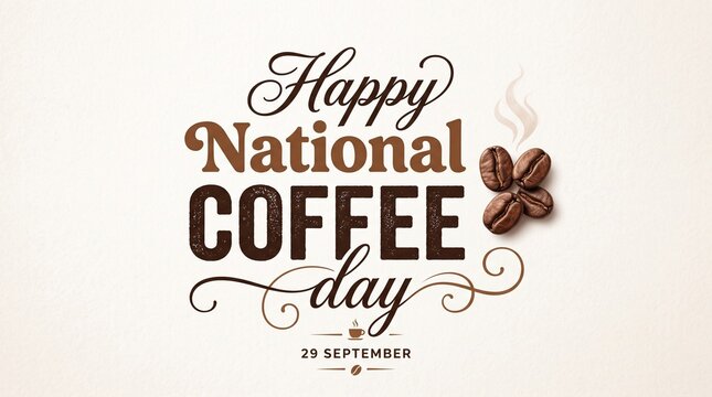 Vintage National Coffee Day typography, elegant 29 September celebration card, roasted coffee beans on cream background