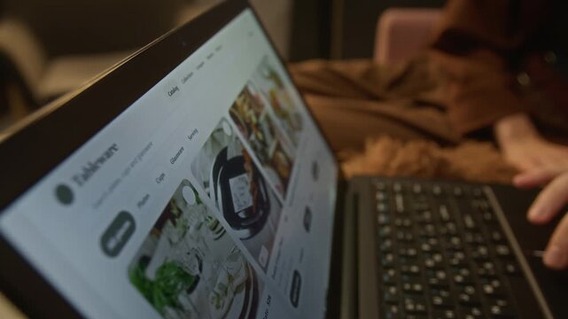 Cropped shot of hand of unrecognizable adult browsing online store on laptop and completing checkout process. Clip suits e-commerce advertising, consumer behavior projects and fintech promos