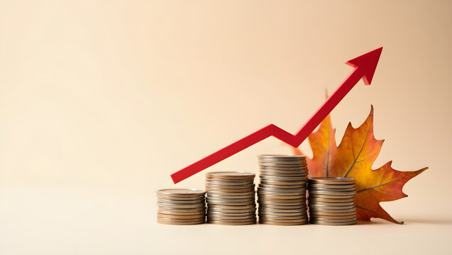 Minimalist still life featuring stacked coins with a rising red arrow and maple leaf representing financial growth, business success, wealth accumulation, economic progress, and modern investment stra