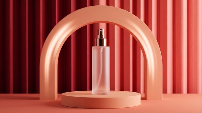 Cosmetic spray bottle on a pedestal with an arch and a red corrugated backdrop