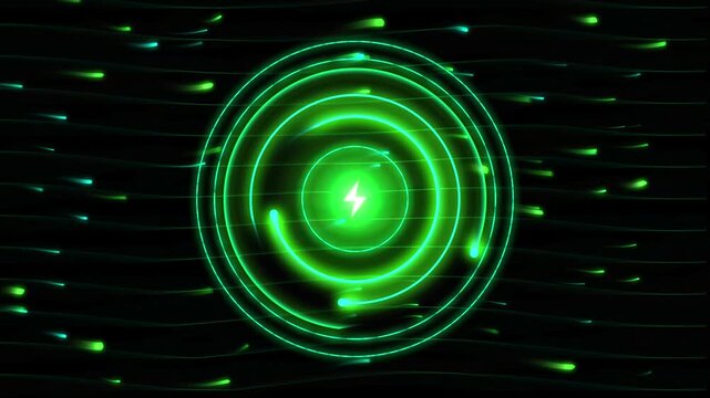 Green neon wireless charging symbol animation with glowing particles and digital data flow background