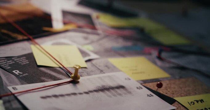Side-view pan reveals a crime board in shadows on an investigation desk, evoking criminal investigation, detective work and unresolved case evidence.