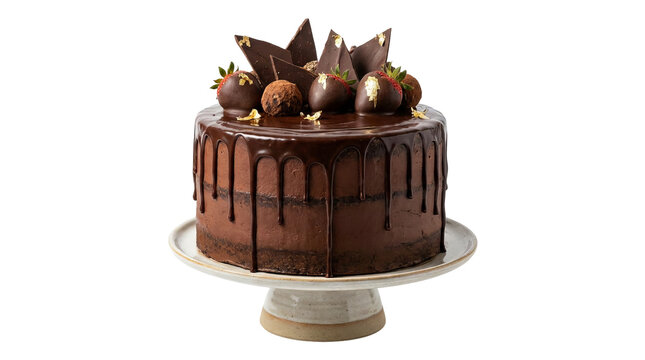 Decadent chocolate cake with rich ganache, strawberries, and truffles, elegantly arranged for a luxurious dessert concept isolated on transparent background