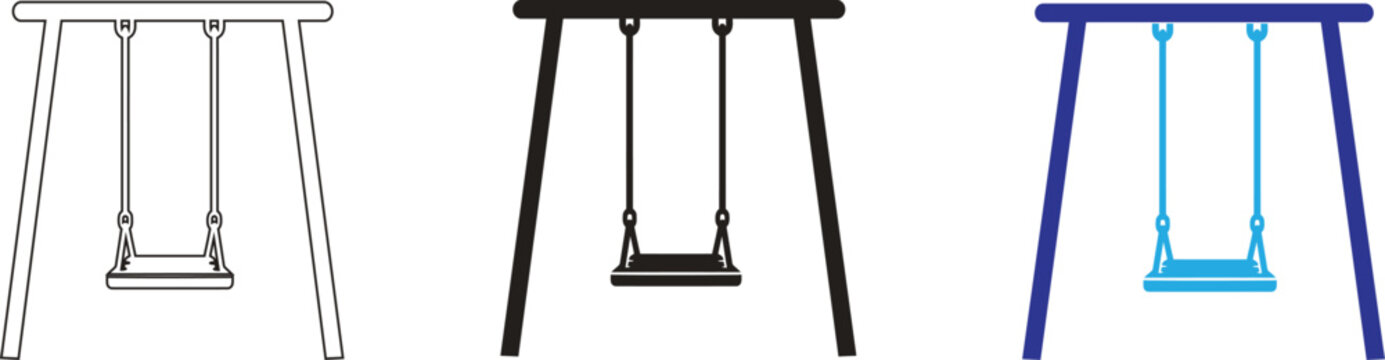 A collection of three simple playground swing icon designs featuring varied line art, solid black fill, and colorful blue styles for modern childhood play graphics., isolated on Transparent background