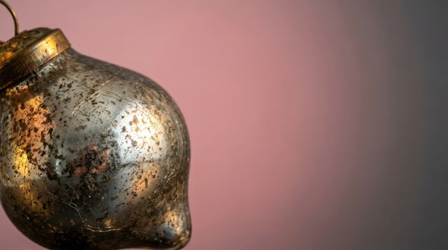 Vintage glass ornament macro shot featuring tarnished silver surface and intricate details against a soft gradient background