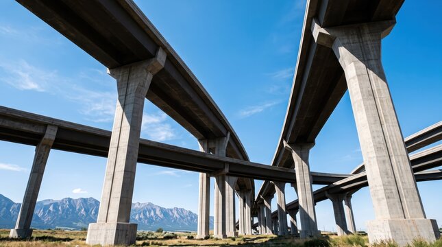 Massive concrete highway interchange with multiple overpasses and pillars against blue sky and distant mountains, modern transportation infrastructure and civil engineering concept