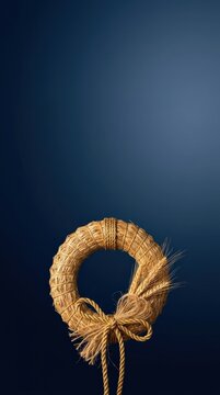 Woven straw wreath hanging banner with decorative bow against a dark blue background, suitable for seasonal or festive decor