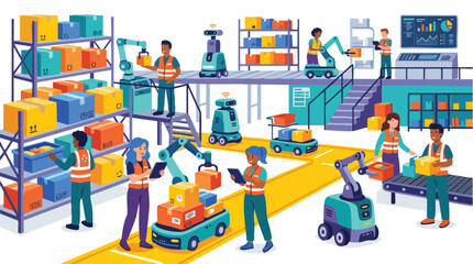 Fototapeta premium Vibrant busy warehouse interior with diverse team members collaborating, concept for logistics management, supply chain optimization, and team productivity enhancement