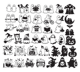 Obraz premium Halloween Ghost Clipart Collection, Cute Spooky Ghosts Witches, Pumpkins, Bats, Haunted Houses and Autumn Elements, Black and White Vintage Halloween Illustrations
