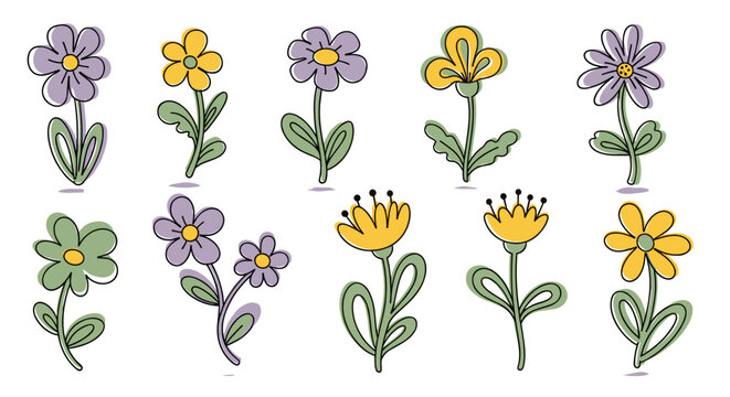sketches with a soft 80s retro twist. Bubbly flower shapes, loopy stems, and playful petals. Flat vector design, trendy tiny tattoo design. Palette: Muted lavender, soft sage, and marigold. Hand-drawn