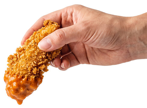Hand holding a crispy fried chicken tender dipped in sauce isolated on black background