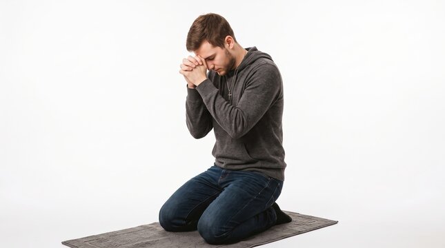 A devoted young man kneeling in prayer, his hands clasped together in supplication