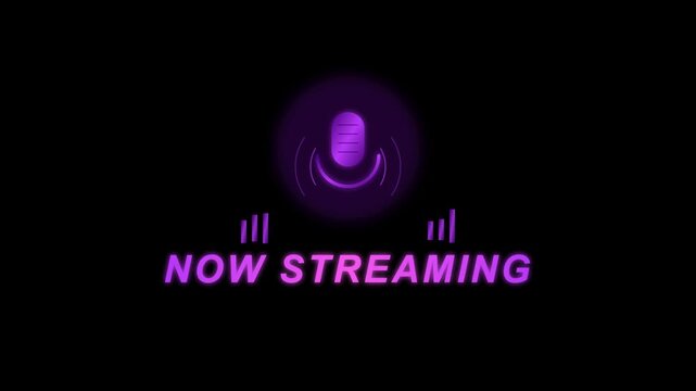 Now streaming podcast microphone graphic animation with glowing neon elements