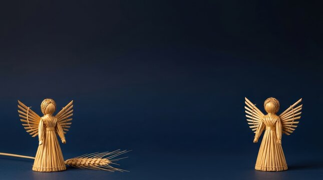 Woven straw angel figures with wings positioned on a dark blue background, showcasing intricate craftsmanship and holiday decoration potential