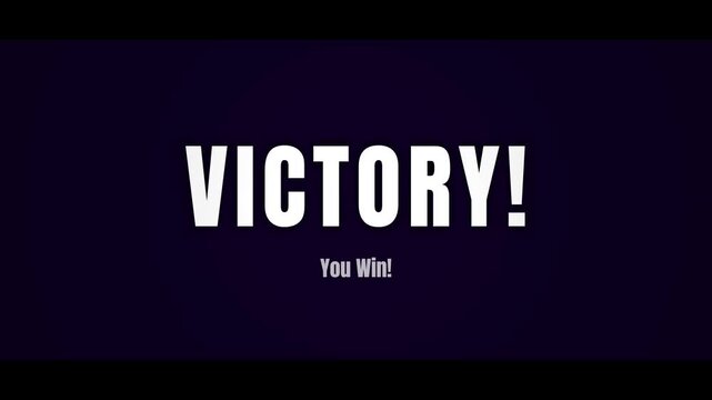 Cinematic "Victory! You Win!" message animation, with glowing white text against a dark purple gradient background, ideal for game overlays or celebratory announcements, 4K slow motion video clip